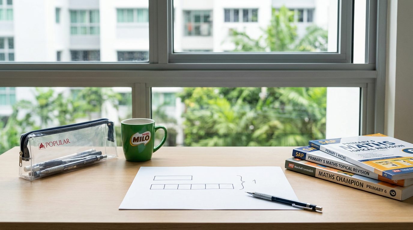 A clean worksheet with a single hand-drawn bar model on an HDB study-corner desk, beside a clear Popular pencil case, a Milo mug and a stack of Primary 5 and 6 maths assessment books, by a window onto a neighbouring block and greenery.