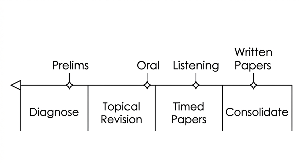 A horizontal timeline of the final 100 days split into four phases — Diagnose, Topical Revision, Timed Papers, Consolidate — with markers for Prelims, Oral, Listening and Written Papers.