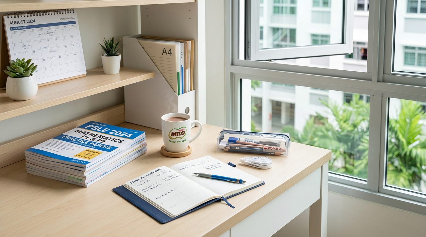A wall calendar, a navy study planner with a mechanical pencil, a Milo mug and a stack of Singapore PSLE practice papers on a light-birch study desk by a bright HDB window.