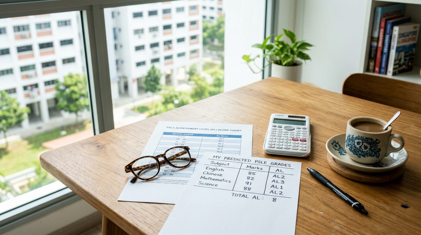 A PSLE Achievement-Level score chart and a hand-written predicted-grades table on a Singapore HDB dining table, with a calculator, reading glasses and a kopitiam cup of kopi in bright morning light.