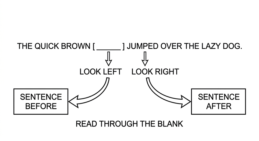 Line diagram of a sentence with a blank, showing arrows to the words immediately left and right of the gap and wider arrows out to the sentence before and the sentence after.