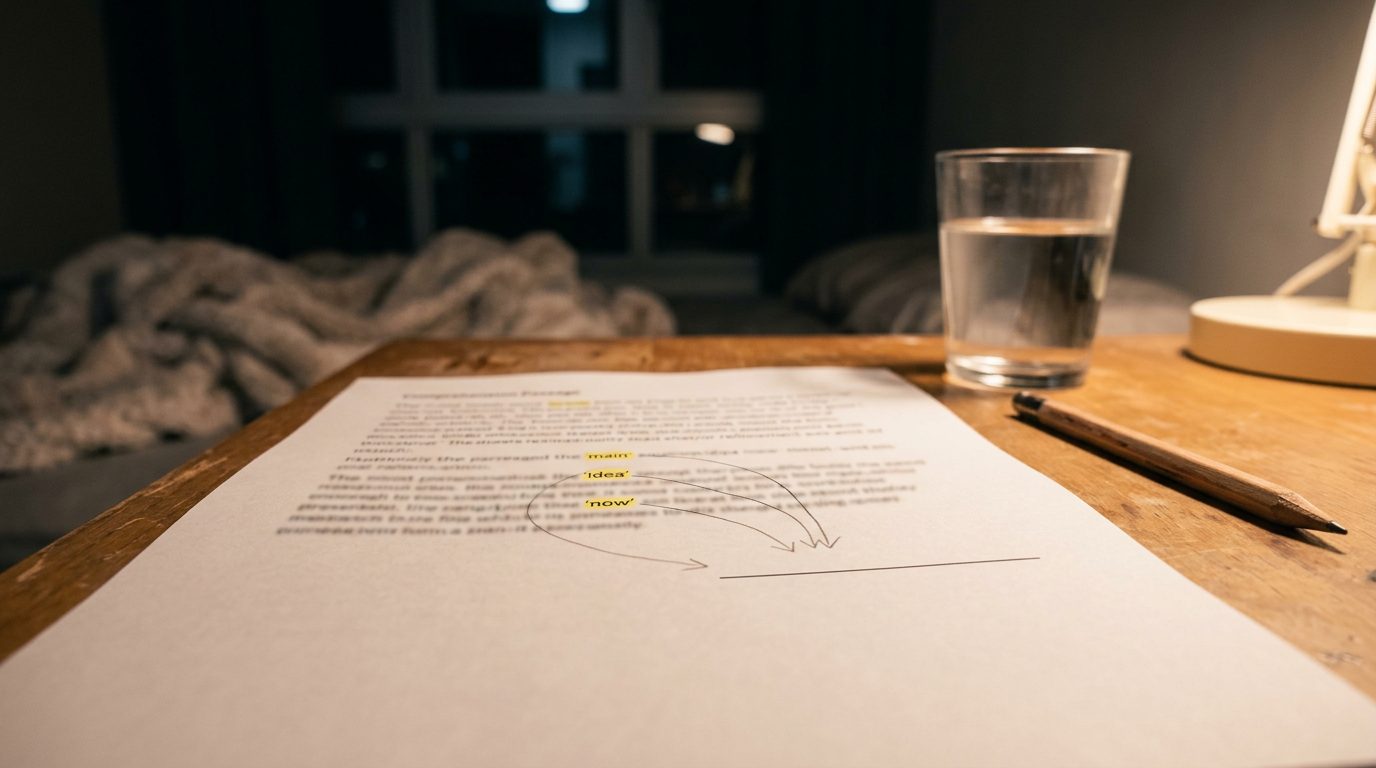 A printed comprehension passage on a wooden bedroom desk at night under a warm lamp, with three words picked out in yellow highlighter and thin pencil arrows curving from them across the page to a blank line, a glass of water and a sharpened pencil beside it.
