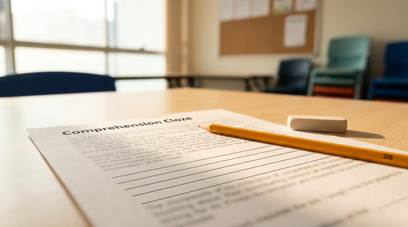 A printed comprehension cloze worksheet with three empty ruled blanks and a yellow 2B pencil resting across it, on a light wooden table in a bright neighbourhood community-centre study room in late-afternoon light.