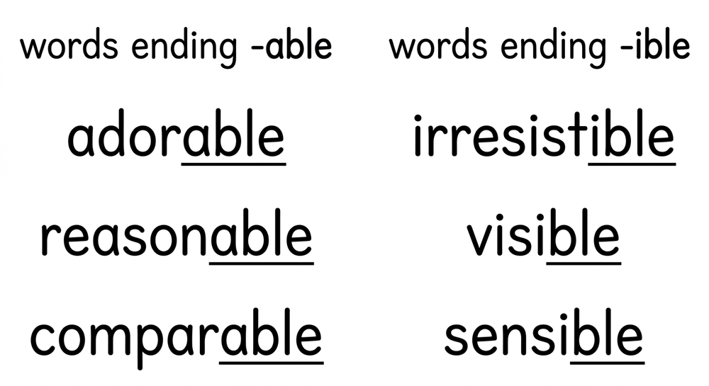 Two columns comparing -able words (adorable, reasonable, comparable) with -ible words (irresistible, visible, sensible), each ending underlined.