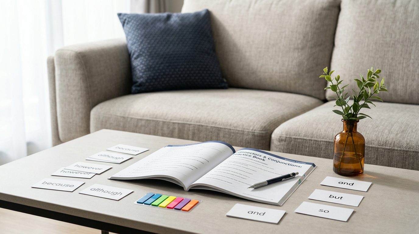 Connector-word flash cards (because, although, however, and, but, so) spread around an open grammar practice book on a Singapore HDB living-room coffee table, with a navy cushion and an amber vase.