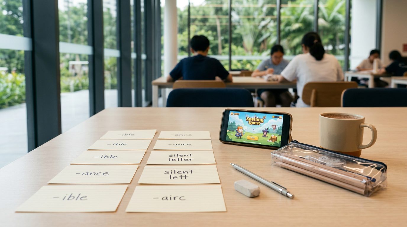 A set of cream study index cards sorted into neat columns by word suffix on a clean wooden table in an airy community study space, with a smartphone displaying a spelling quest game beside a transparent pencil case and a warm drink.