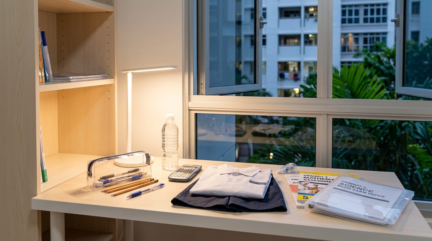 A clear pencil case, 2B pencils, a water bottle, a calculator and a neatly folded school uniform laid out on a study desk under a lamp in the evening, everything ready for tomorrow’s paper.