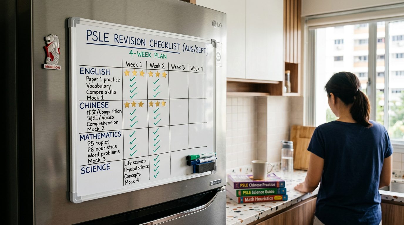 A magnetic whiteboard on an HDB kitchen fridge showing a four-week PSLE revision checklist for English, Chinese, Mathematics and Science with ticks and gold stars, a Merlion magnet and a stack of assessment books on the counter.