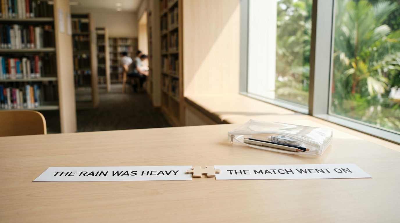 Two printed sentence strips laid end to end on a pale wooden library table by a sunlit window seat, joined by a single wooden jigsaw piece resting in the gap between them, with a transparent pencil case nearby and library shelves out of focus behind.
