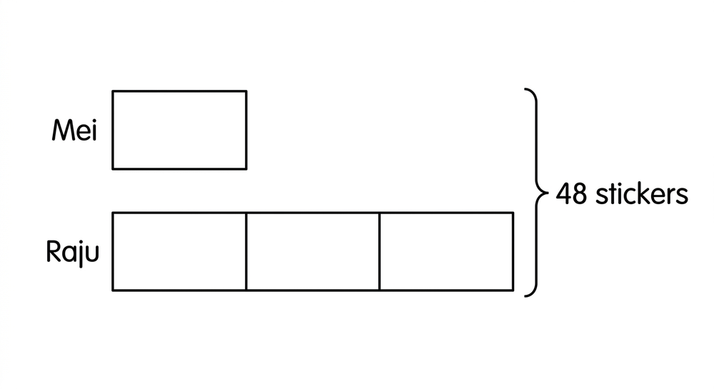 A comparison bar model. Mei is one unit box. Raju is three equal unit boxes. A brace across both bars is labelled 48 stickers.