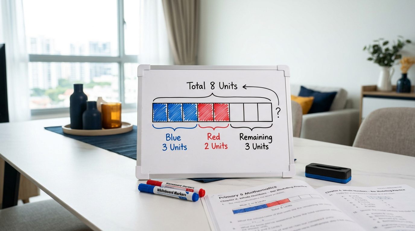 A home whiteboard on an HDB dining table showing a clean hand-drawn bar model split into eight units with blue and red parts shaded, beside whiteboard markers and a Primary 5 maths bar-modelling workbook.