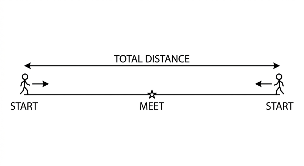 A straight road shown as a horizontal line. A stick figure at each end walks toward the other, arrows pointing inward, meeting at a star marked in the middle, with the whole span labelled total distance.