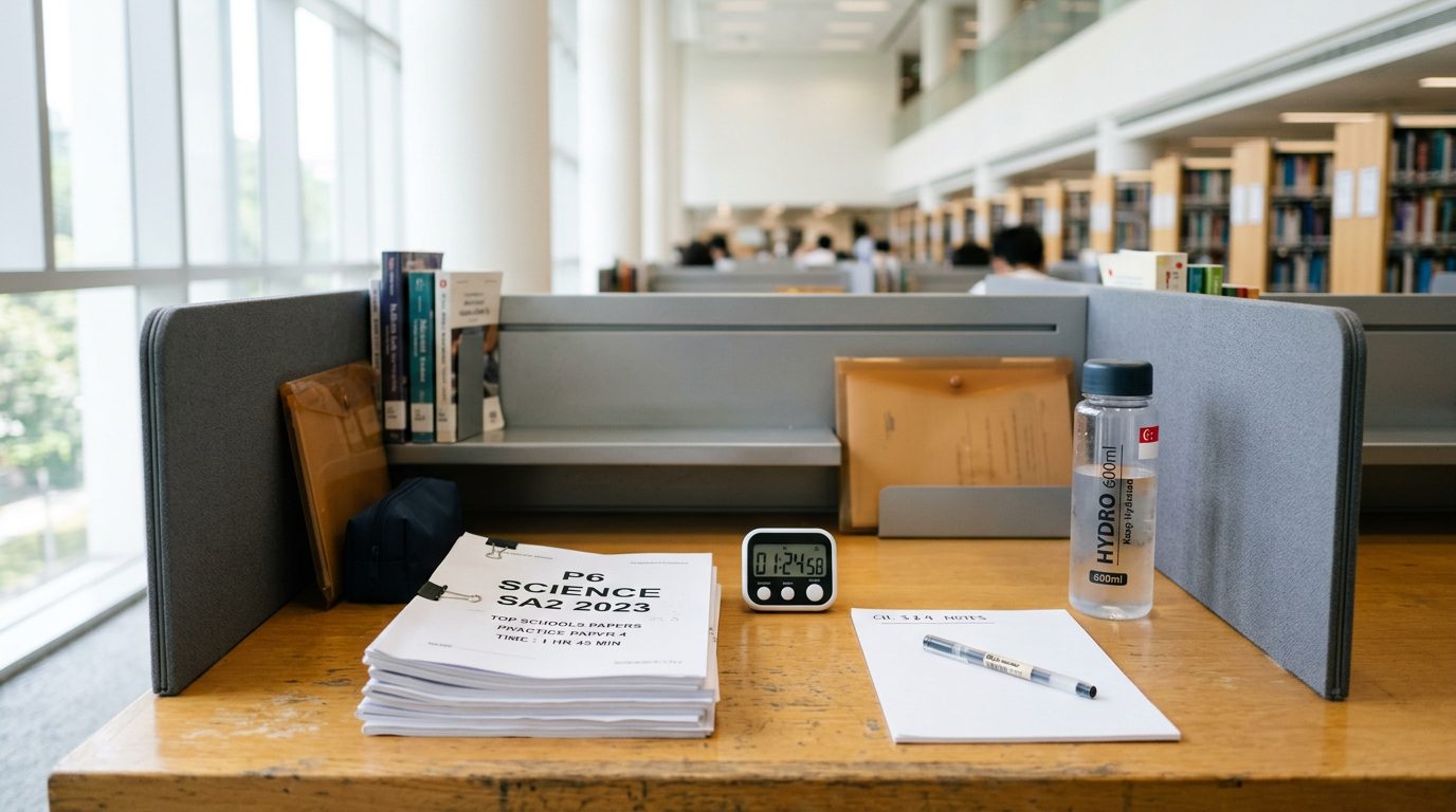 A binder-clipped stack of Singapore primary past-year exam papers, a countdown timer set for timed practice, a notepad and a water bottle in a quiet library study carrel.