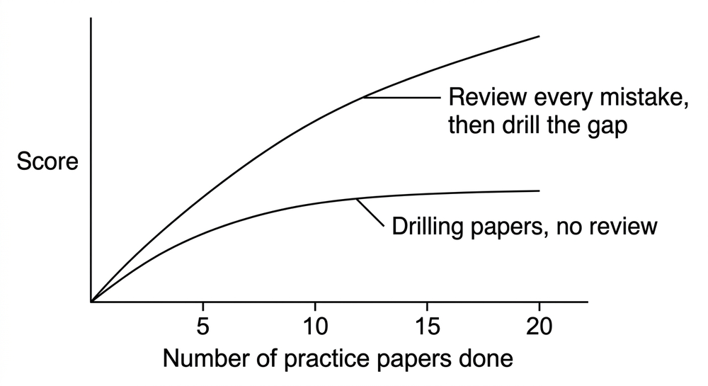 Line graph: a 'drilling papers, no review' curve flattens into a plateau while a 'review every mistake, then drill the gap' curve keeps rising with the number of papers done.