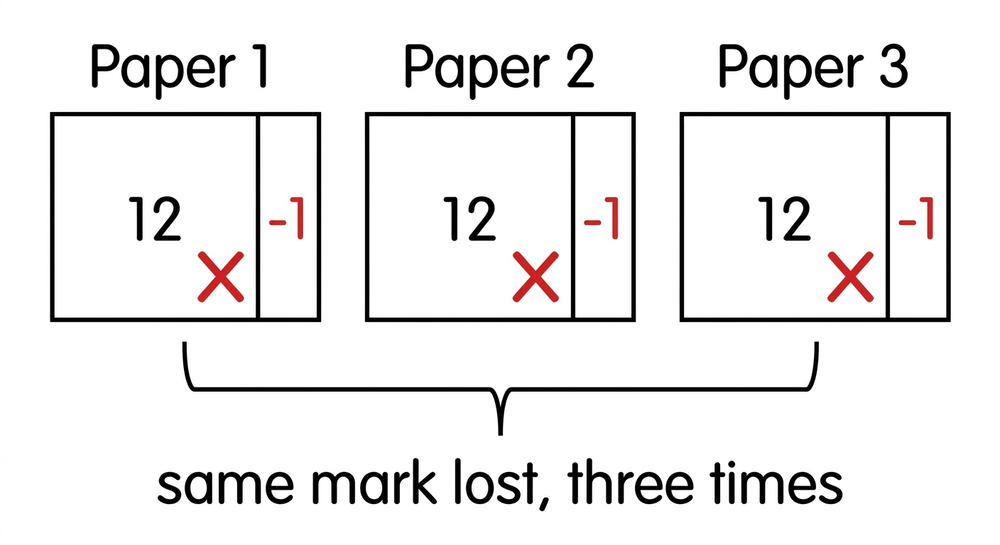 Three answer boxes labelled Paper 1, Paper 2, Paper 3, each showing the answer 12 with no unit, a red cross and minus one, joined by a bracket reading 'same mark lost, three times'.