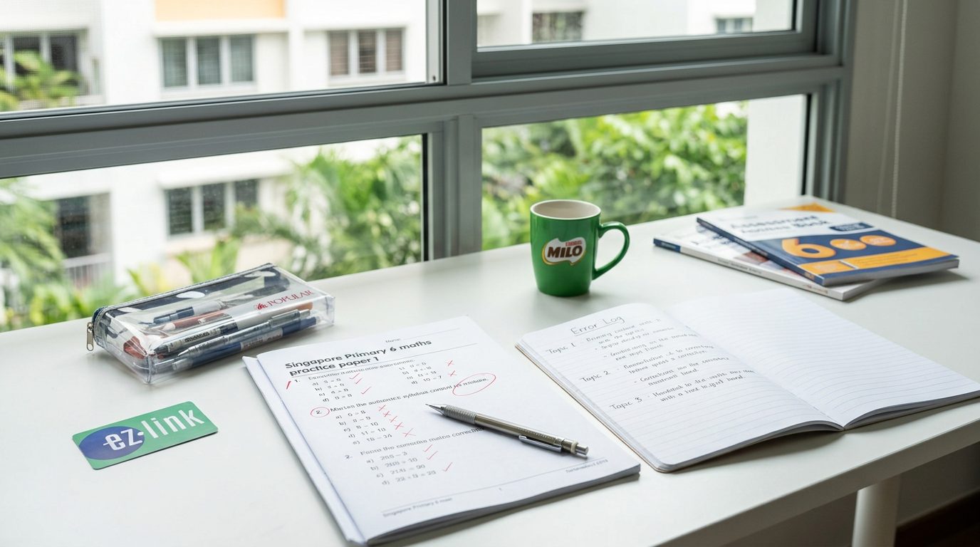 A tall stack of Singapore primary PSLE assessment books on an HDB study-corner desk beside a single open practice paper, a pencil, an Error Log notebook, a Popular pencil case and a Milo mug, with an aluminium-framed HDB window and tropical greenery behind.