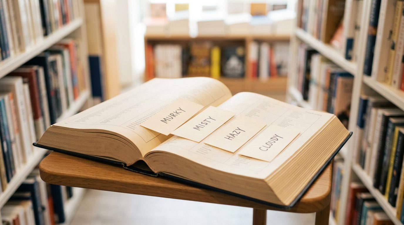 An open thesaurus on a small wooden browsing table in the aisle of a neighbourhood bookshop, with four cream paper slips laid in a row across the page reading MURKY, MISTY, HAZY and CLOUDY, and shelves of books softly out of focus behind.