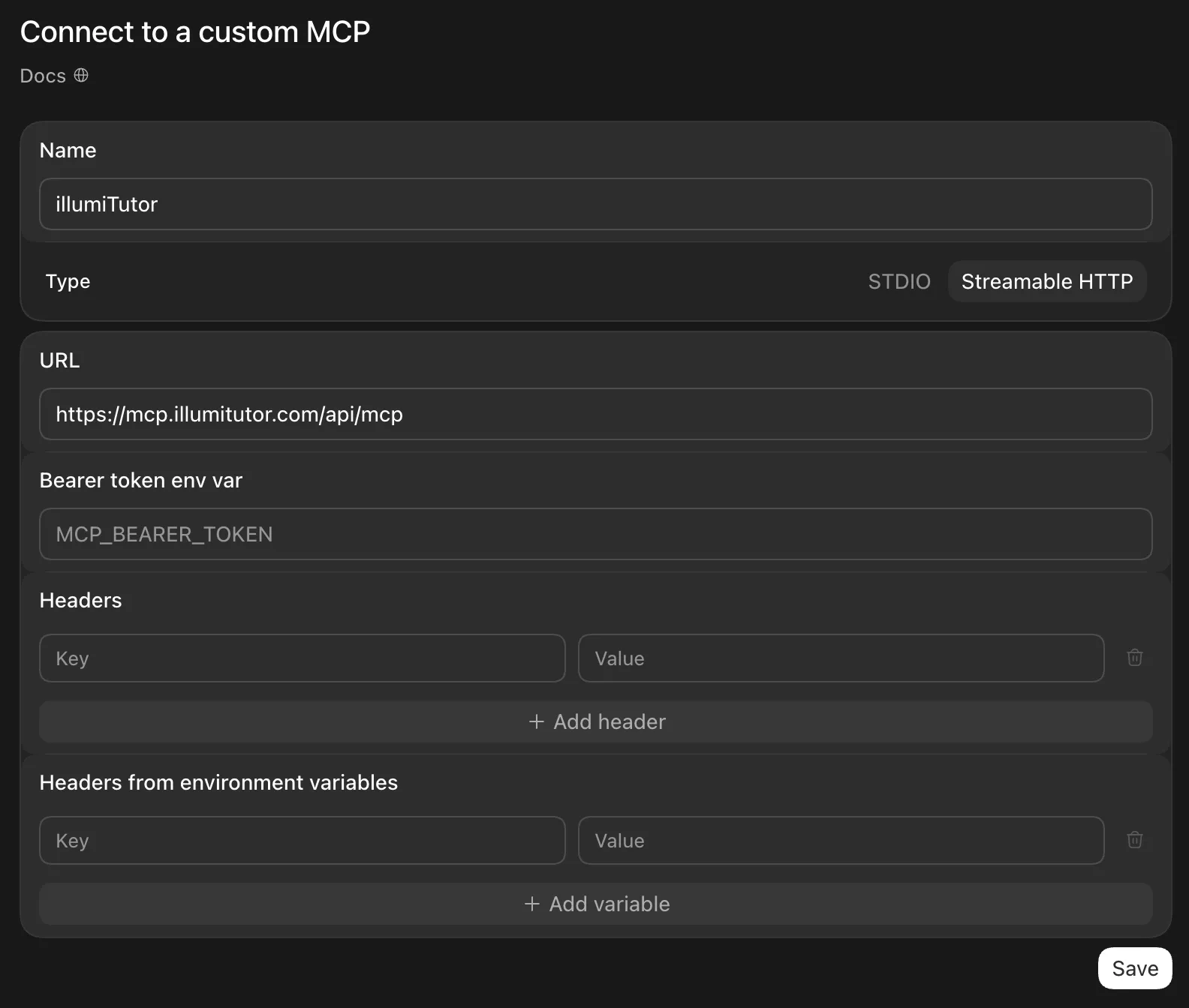The ChatGPT desktop app's 'Connect to a custom MCP' form with Name set to illumiTutor, Type set to Streamable HTTP, URL set to https://mcp.illumitutor.com/api/mcp, and the Bearer token env var and both Headers sections left blank