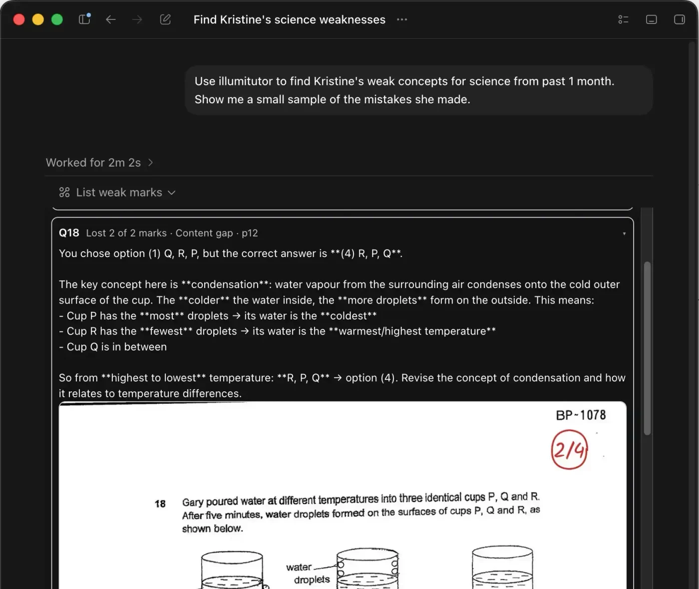 A ChatGPT conversation using IllumiTutor to find a student's weak Science concepts, with her marked answer script shown inside the chat