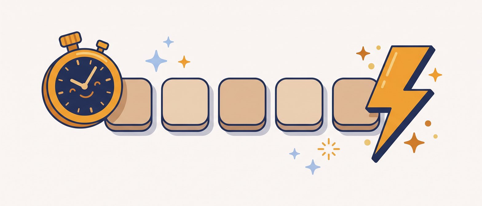 Chunky letter tiles, a stopwatch and a lightning bolt