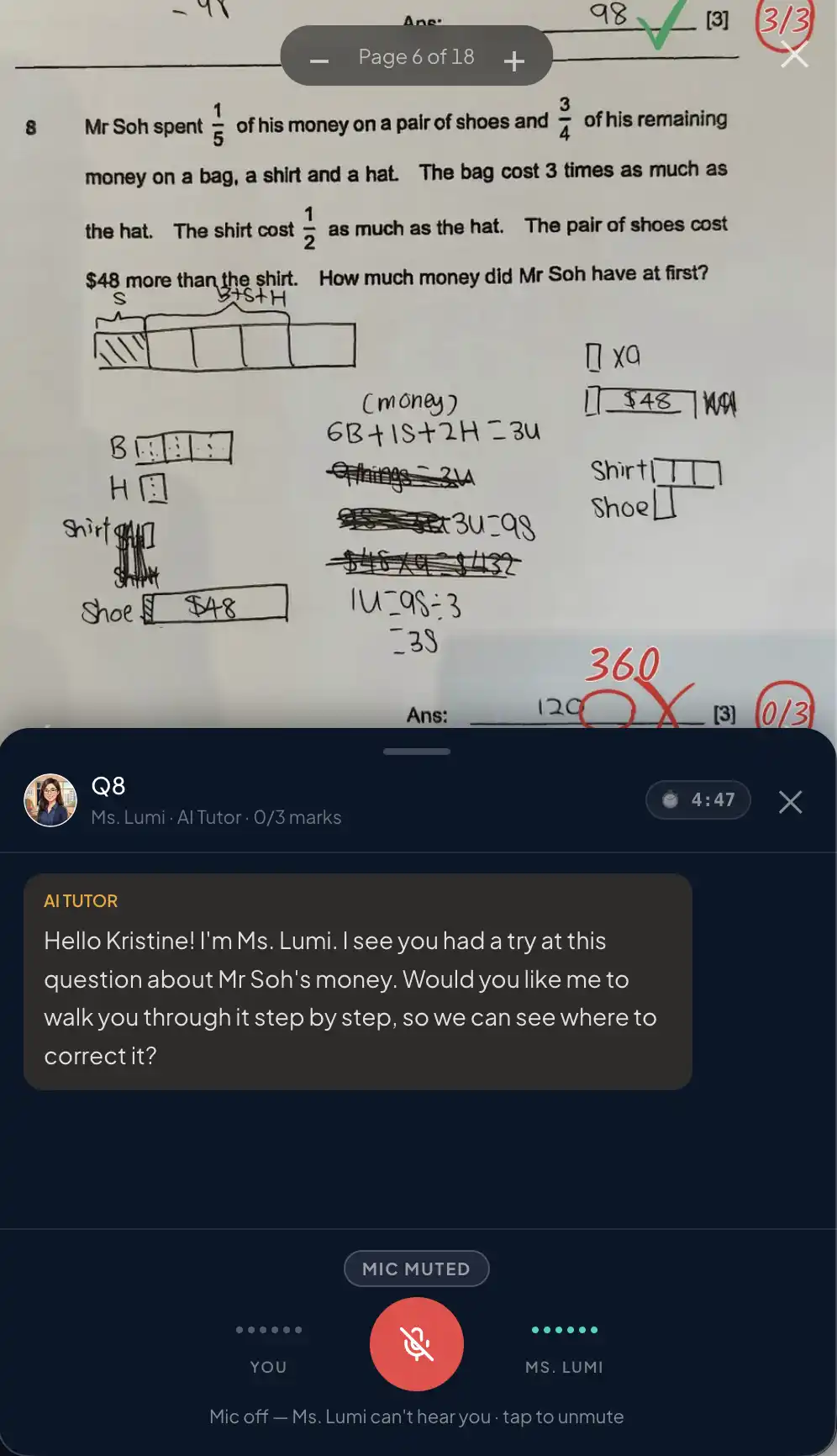 Ms. Lumi guiding a student through a question by voice