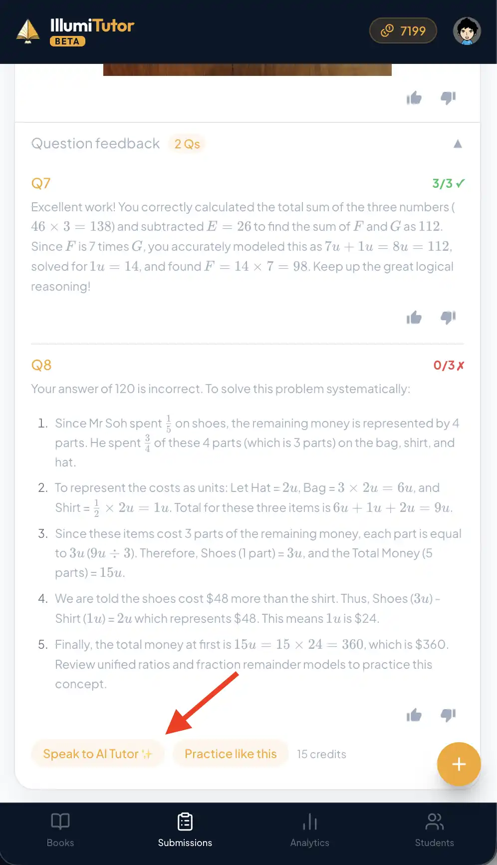 Tapping a wrong question to start a tutor session