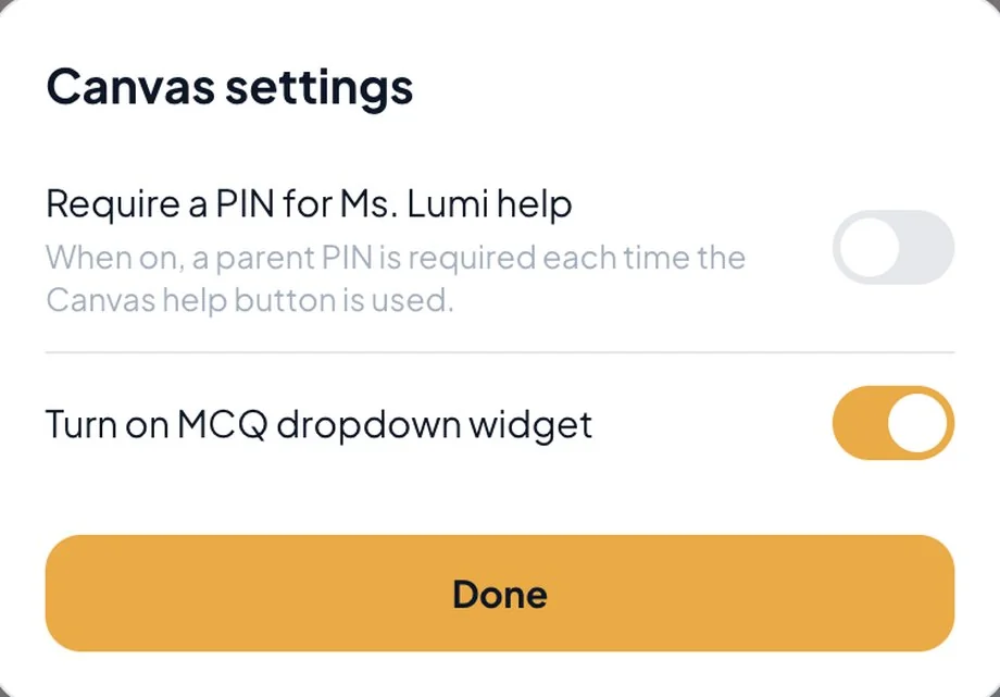 Canvas settings showing the Parent PIN requirement for Ms. Lumi help