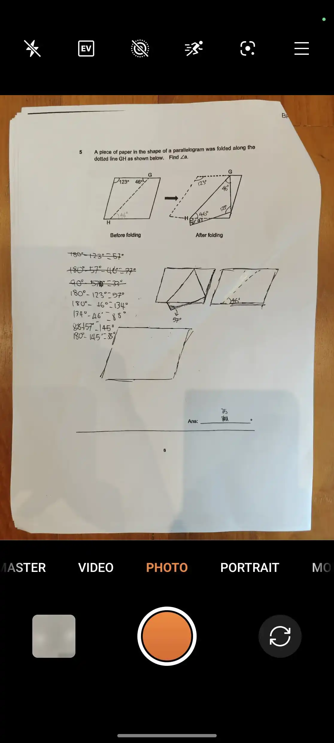 Taking a photo of a worksheet in the app