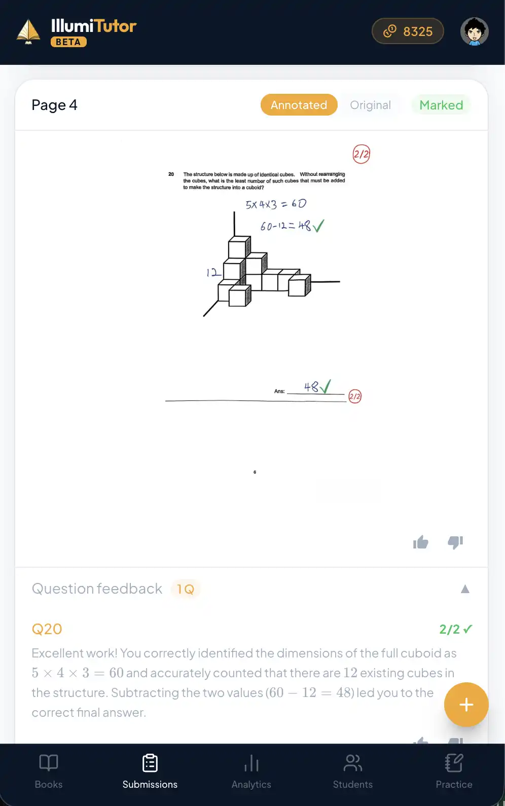 A marked worksheet with ticks, crosses and feedback