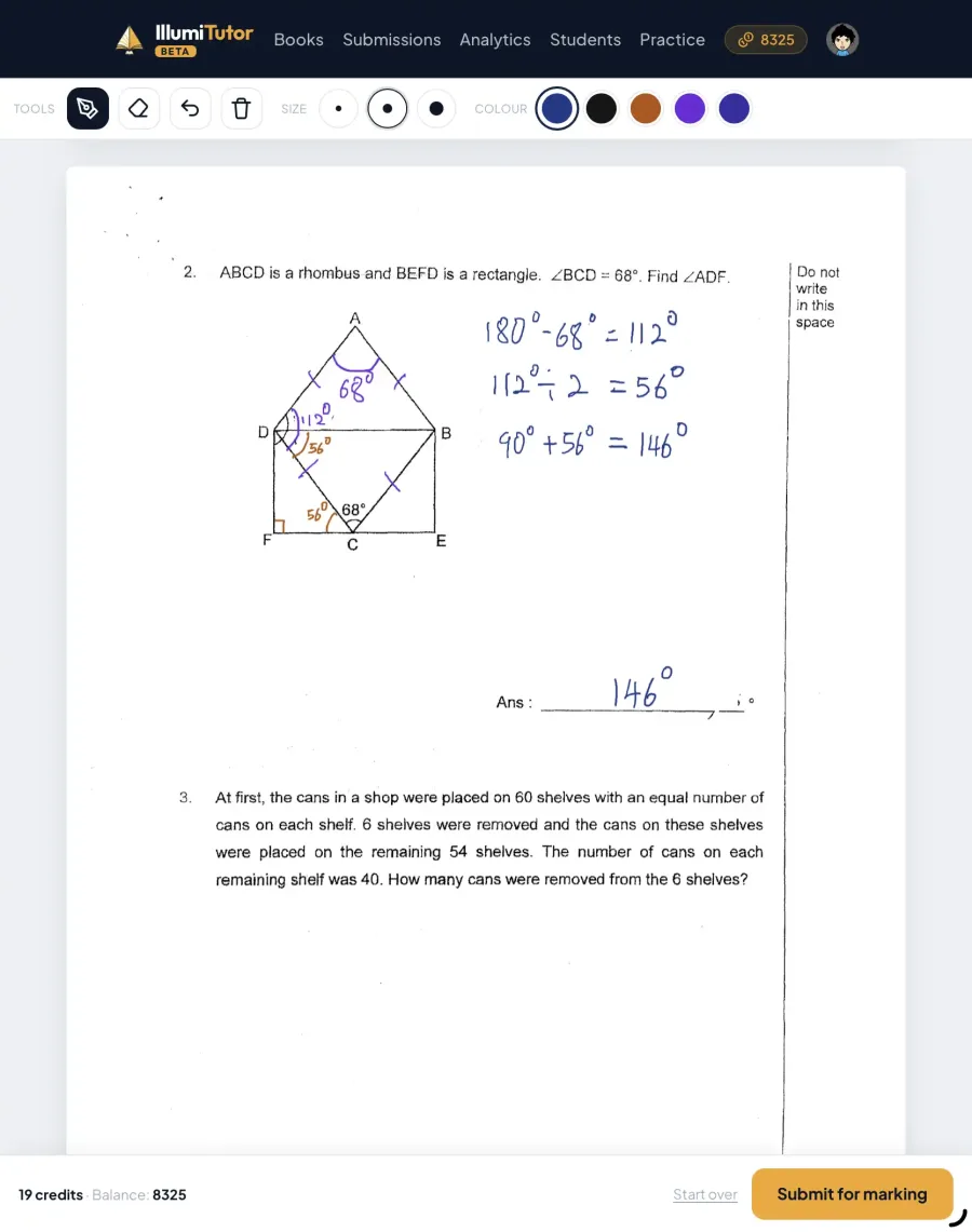 A child's handwritten working on a Maths question in the illumiTutor iPad canvas, ready to submit for marking