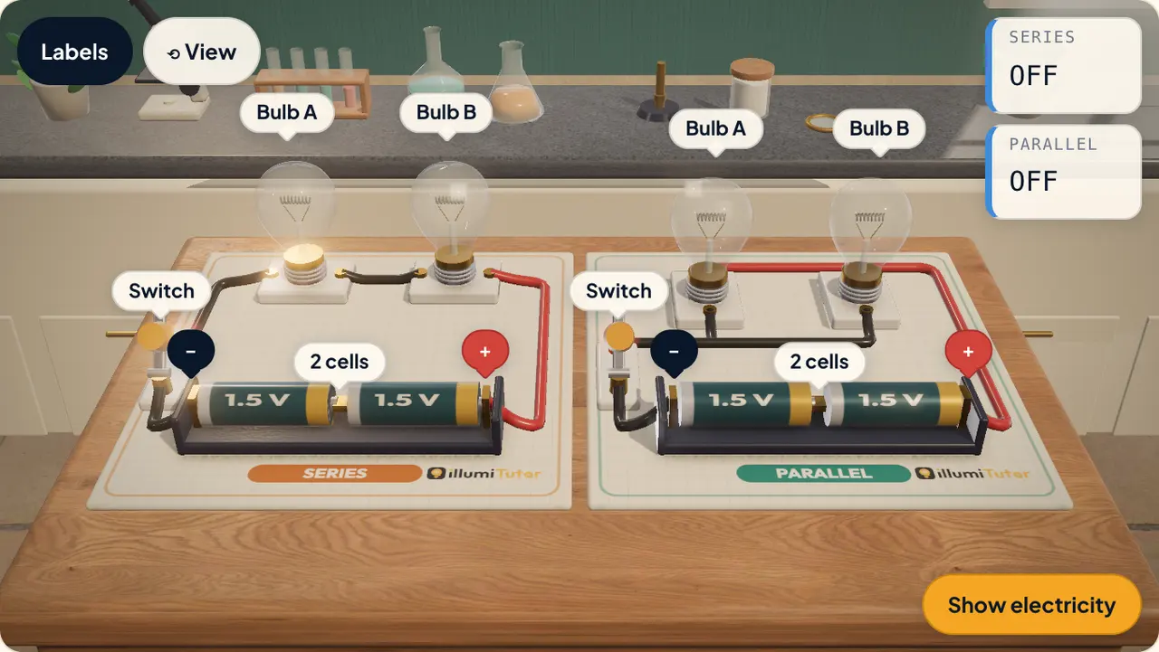 The 3D circuits lab: a series circuit and a parallel circuit side by side, each with two cells, a switch and two bulbs