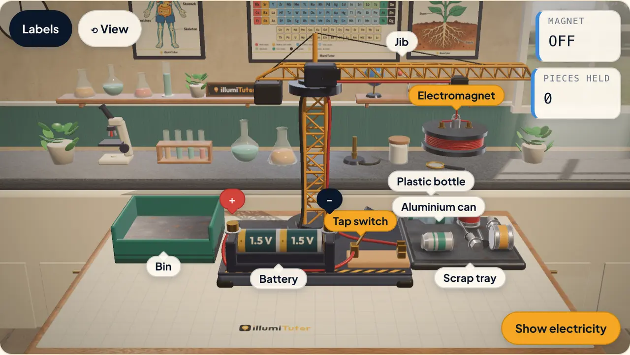 The 3D scrapyard crane lab: a model crane with an electromagnet on its jib, a battery and switch, a scrap tray of cans and a bin