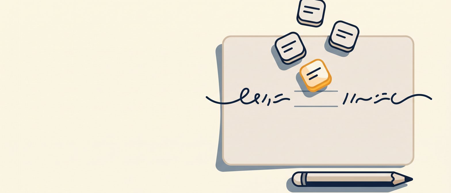 A flat-vector illustration of one long printed sentence on a sheet of paper with a single empty ruled blank in the middle of it, and four small rounded word tiles floating just above the gap as if being tried for fit, in IllumiTutor navy and amber on an off-white background.