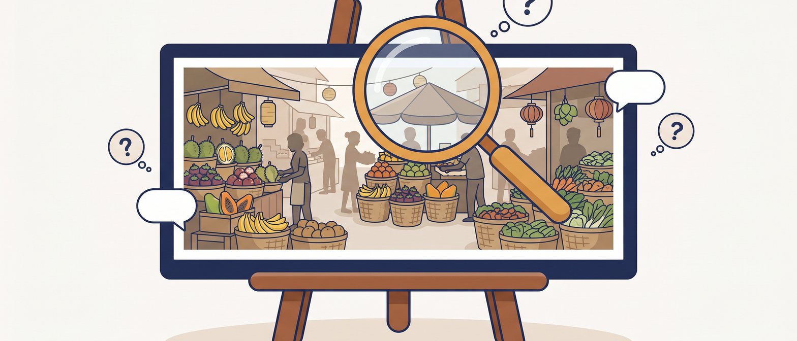 A flat-vector illustration of a large framed photograph on a wooden easel showing a busy Singapore wet market with fruit stalls and baskets, a magnifying glass hovering over it, and blank speech bubbles and question marks floating around the frame, in IllumiTutor navy and amber on an off-white background.