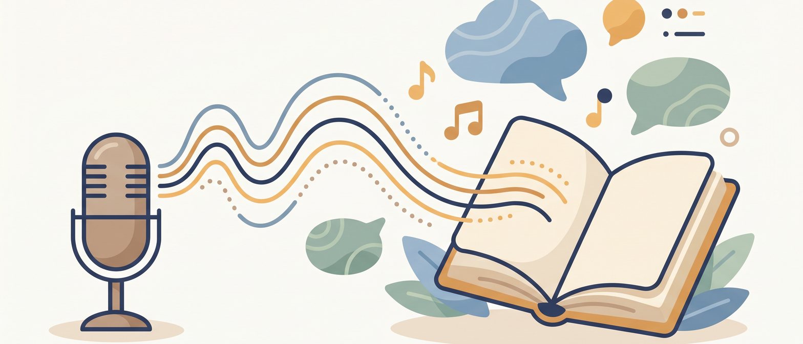 A friendly flat-vector phonics scene: a stylised open mouth with the tongue tip between the teeth, a small microphone, gentle sound-wave lines and soft abstract letter-shapes, in IllumiTutor navy and amber on an off-white background.