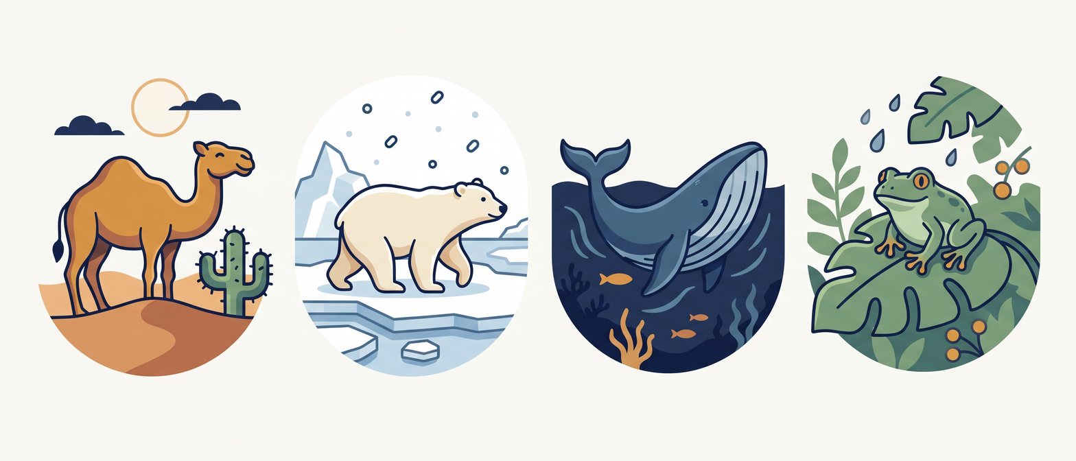 A flat-vector scene of four organisms side by side — a camel in golden sand dunes, a polar bear on white ice, a whale in deep blue ocean water, and a cactus under a bright sun — on a soft off-white background in IllumiTutor navy and amber.