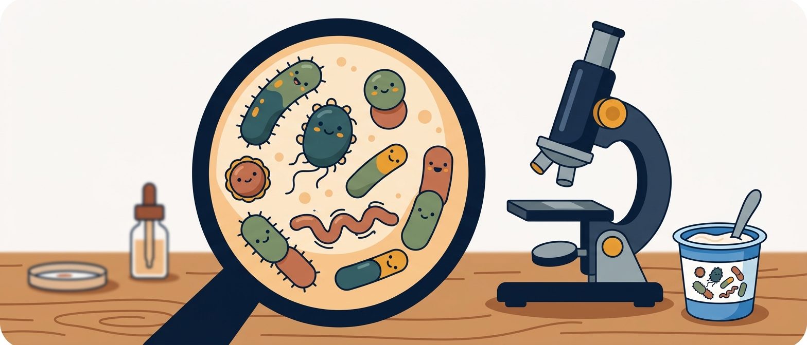 A friendly flat-vector science scene of round, rod-shaped and spiral bacteria characters seen through a microscope, with a small tub of yogurt beside it, on a soft off-white background in IllumiTutor navy and amber.