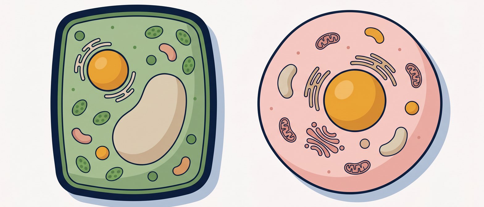 A friendly flat-vector scene of two large cells side by side — a green rectangular plant cell with a visible cell wall and chloroplasts, and a round pink animal cell — on a soft off-white background in IllumiTutor navy and amber.
