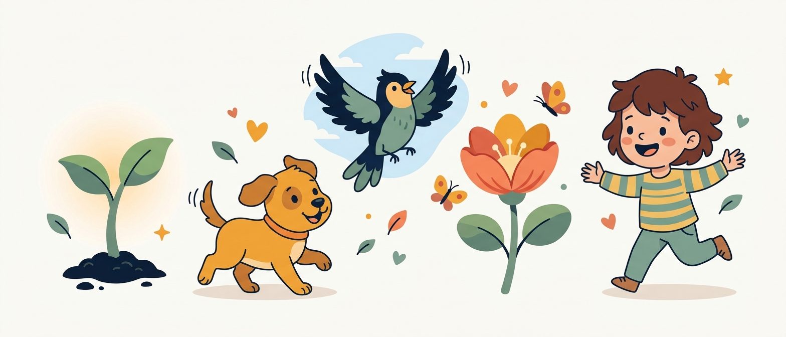 A cheerful flat-vector montage of living things — a sprouting green seedling, a happy puppy, a flapping bird, a blooming flower and a smiling child — bursting with growth and energy, on a soft off-white background in IllumiTutor navy and amber.