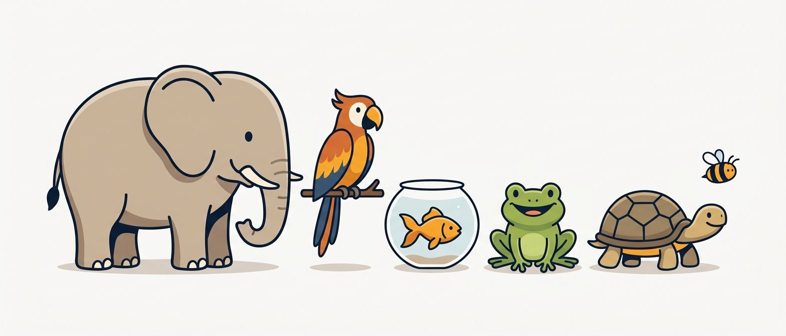 A friendly flat-vector line-up of one animal from each group — an elephant, a parrot, a goldfish, a frog, a turtle, and a bee — standing in a row on a soft off-white background in IllumiTutor navy and amber.