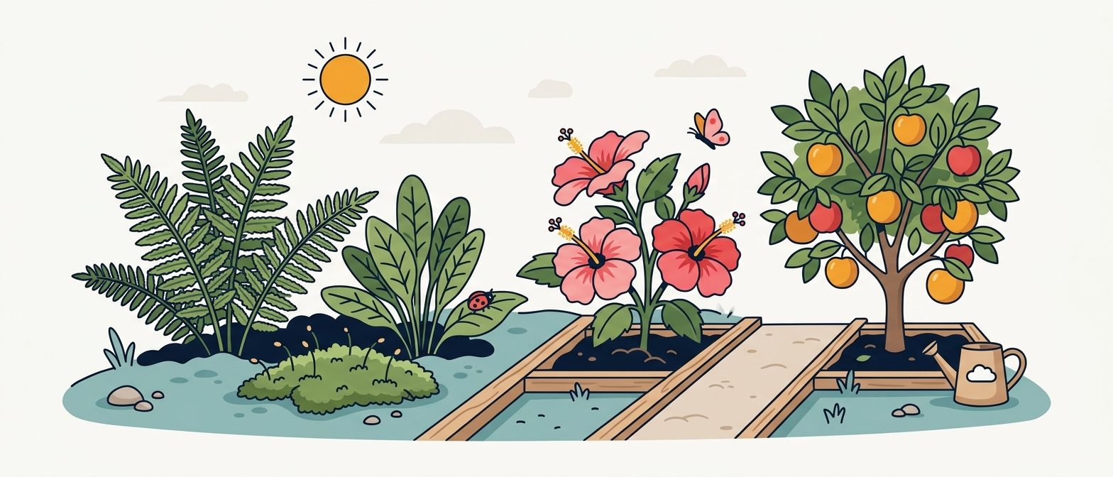 A friendly flat-vector garden scene showing flowering plants — a blooming hibiscus and a fruit tree with hanging fruit — beside non-flowering plants — a leafy green fern and a patch of moss — on a soft off-white background in IllumiTutor navy and amber.