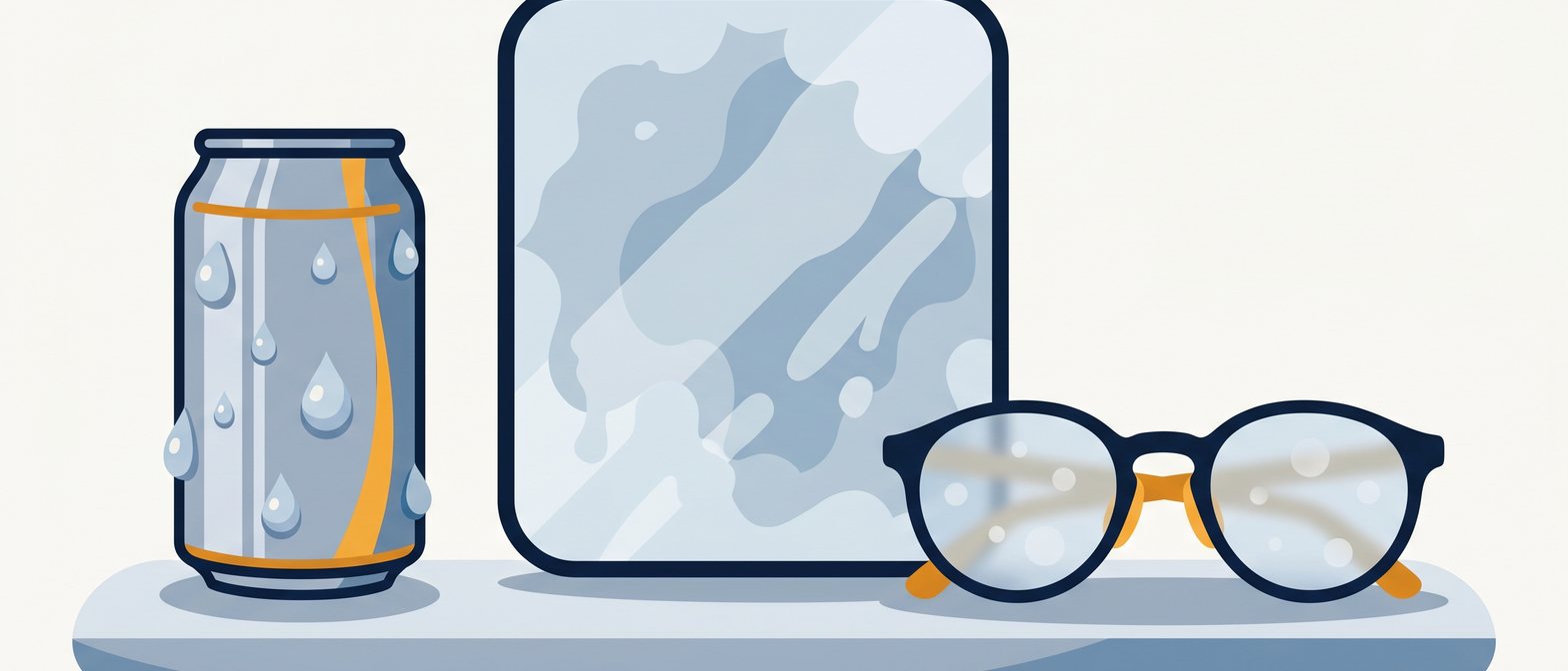 A flat-vector scene of a cold aluminium drink can with blue water droplets on the outside, next to a steamy bathroom mirror and a pair of spectacles with misty lenses, set on an off-white background in IllumiTutor navy and amber.