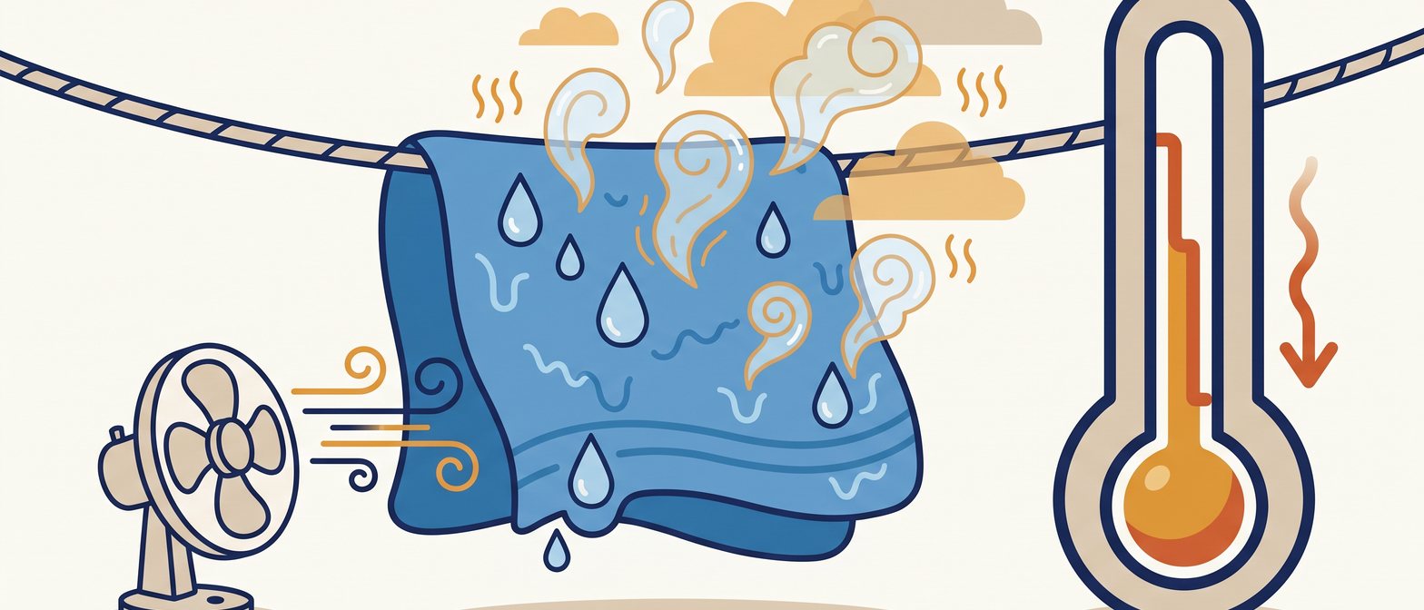 A flat-vector science scene showing a wet towel hanging on a line in a warm breeze, a large thermometer showing a falling temperature reading, and tiny water droplets rising upward into the air, all on a soft off-white background in IllumiTutor navy and amber.