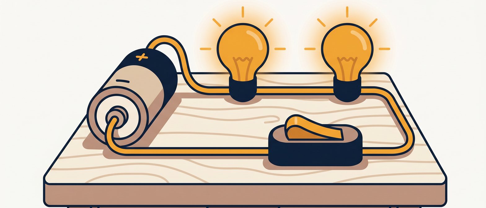 A flat-vector scene of a simple circuit — a battery, glowing bulbs and a switch connected by amber wires on a navy background, in the IllumiTutor house style.