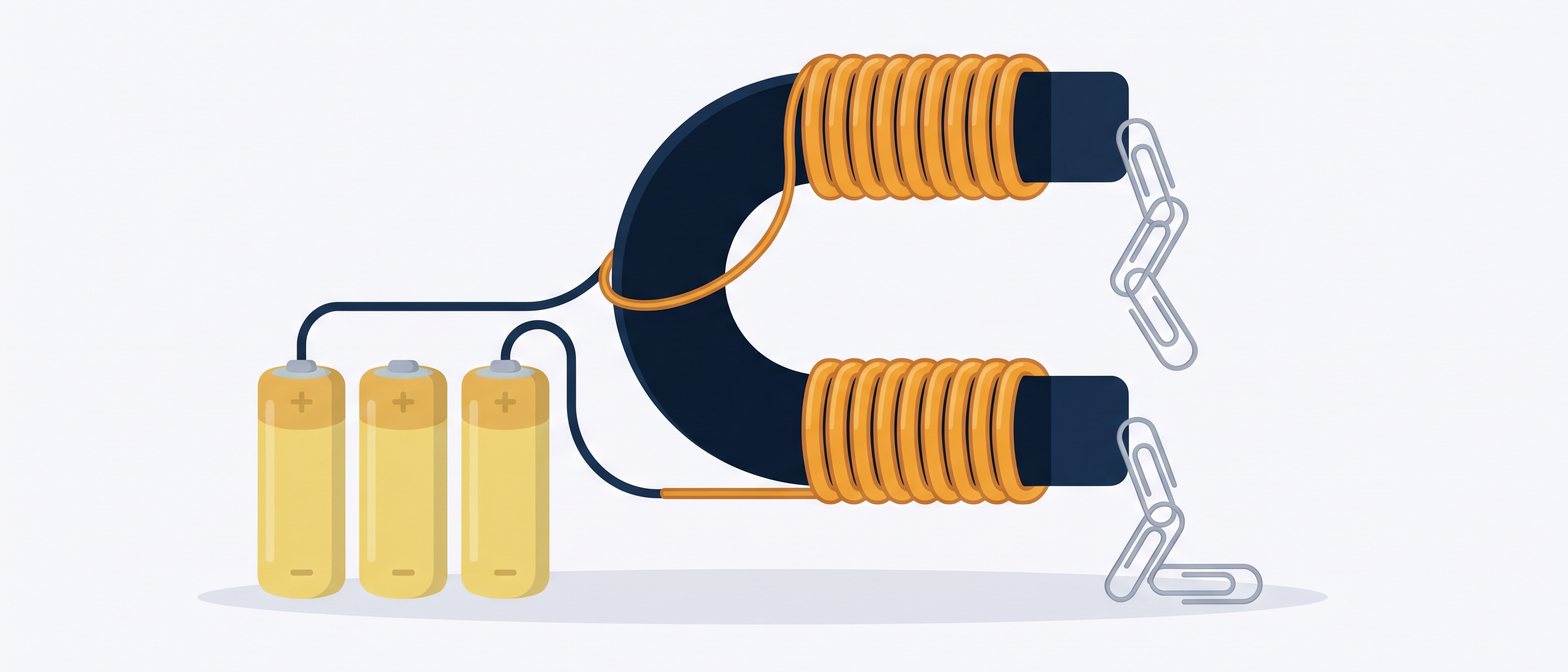 A flat-vector scene of a horseshoe electromagnet made of orange coiled wire around a navy iron core, connected to yellow batteries, with silver paperclips hanging from the magnet ends, on a soft off-white background.