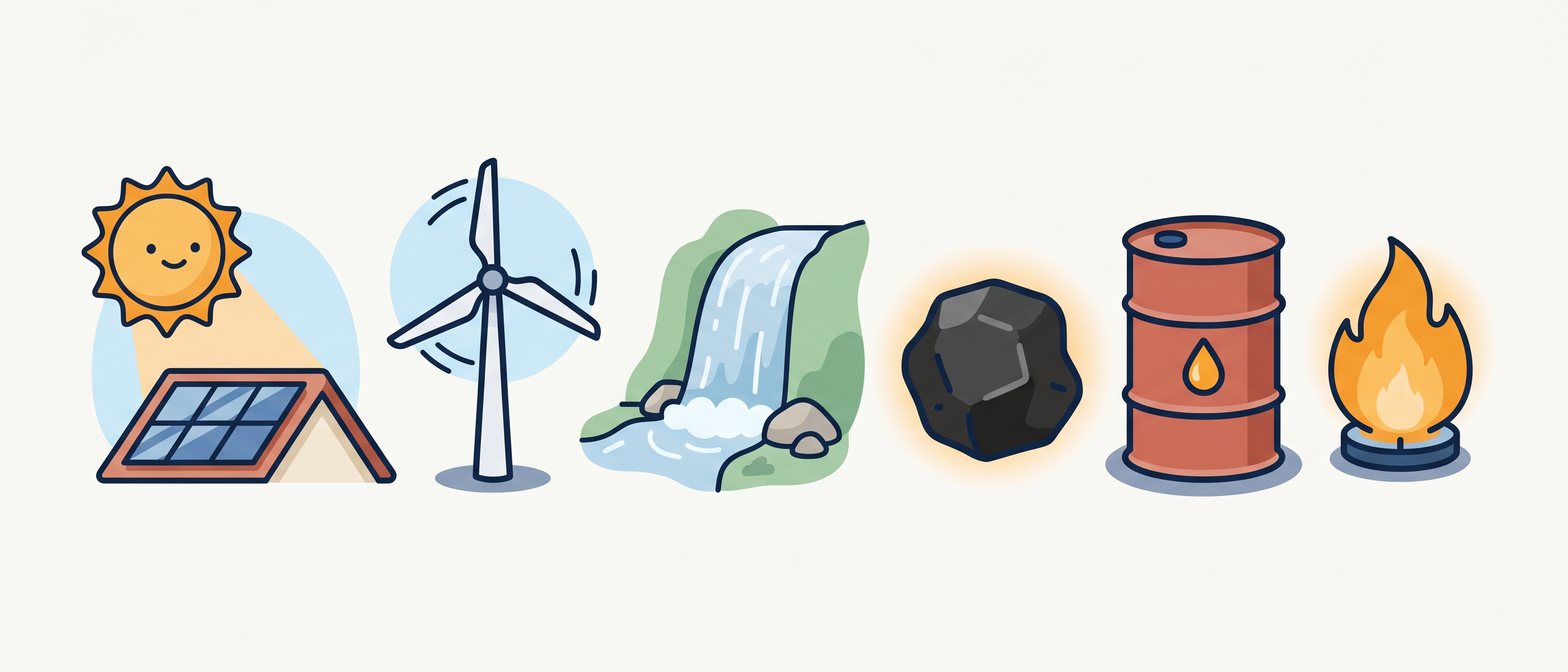 A flat-vector scene showing a bright sun over solar panels, a wind turbine, a flowing river, a lump of coal, an oil barrel and a gas flame, all arranged on a soft off-white background in IllumiTutor navy and amber.