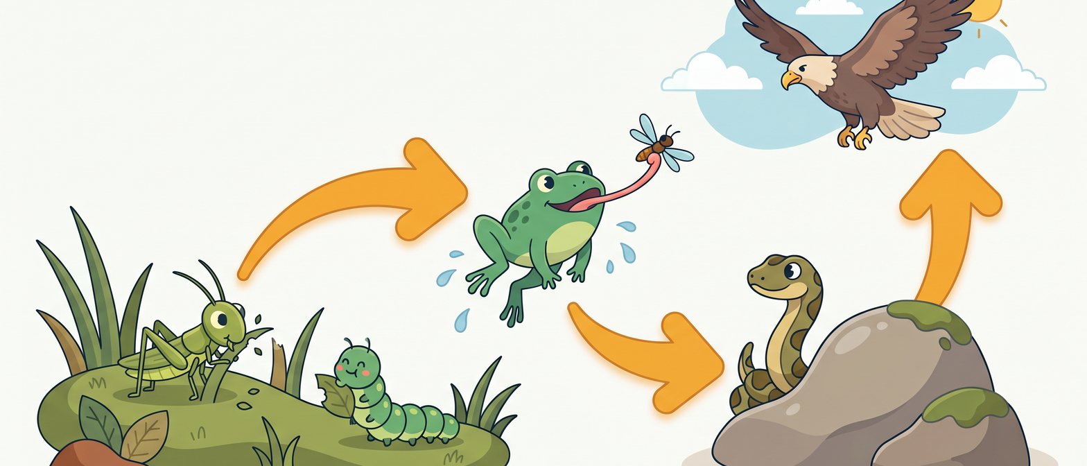 A flat-vector scene showing grass, grasshoppers, frogs, snakes and an eagle arranged in a chain on a soft off-white background in IllumiTutor navy and amber, with bold connecting arrows showing energy flow.