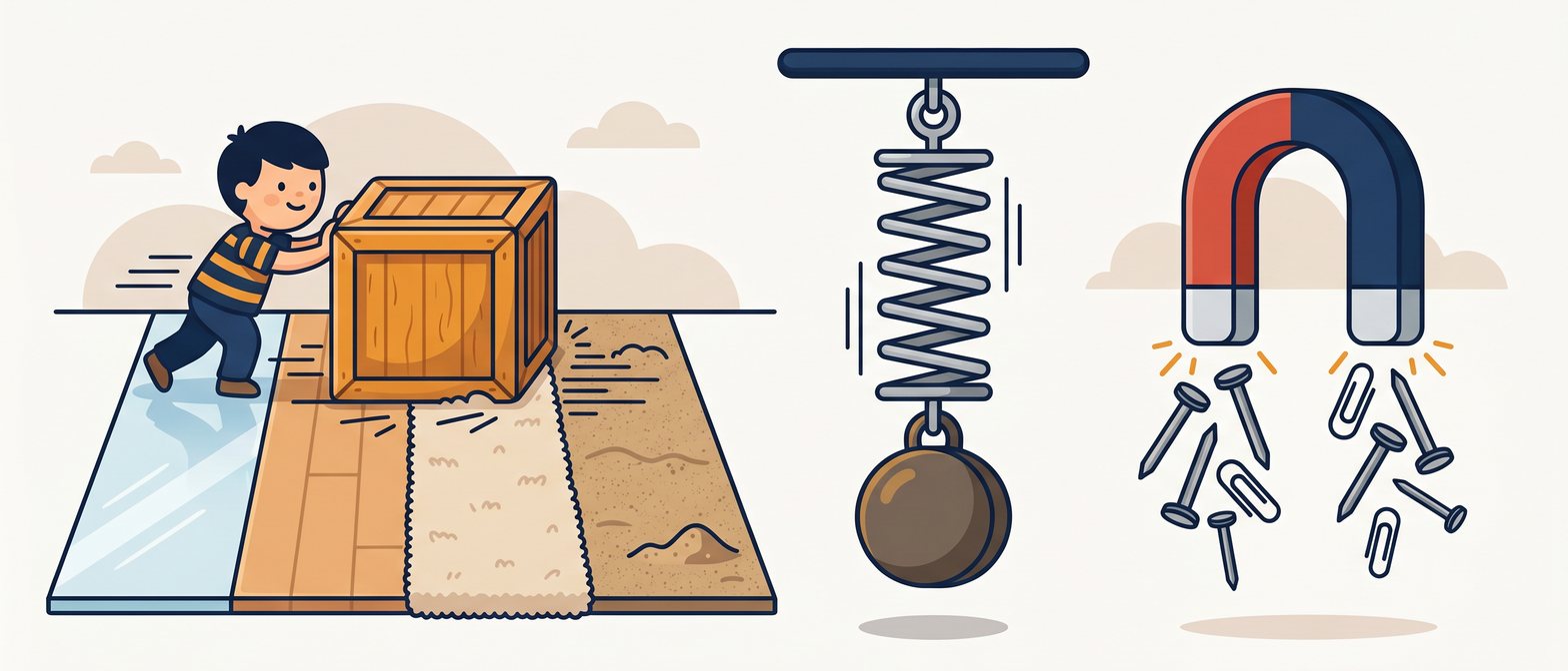 A flat-vector scene of a box being pushed across different surfaces — ice, wood, carpet and sandpaper — with a spring stretching below a hanging weight, and a magnet attracting metal paper clips, on a soft off-white background in IllumiTutor navy and amber.