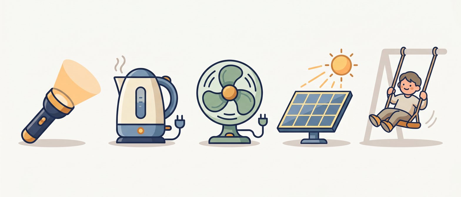 A flat-vector scene showing a glowing torch, a steaming kettle, a spinning electric fan, a solar panel in sunlight, and a child on a swing — all on a soft off-white background in IllumiTutor navy and amber.