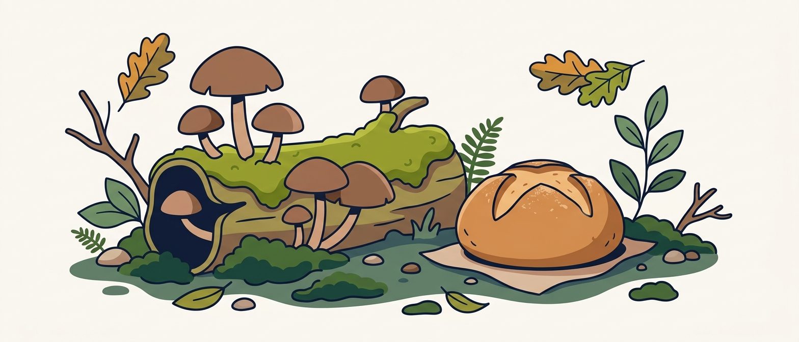 A friendly flat-vector woodland nook in IllumiTutor navy and amber — a cluster of brown mushrooms growing on a mossy log, a loaf of risen bread beside it, in a soft damp shady setting on an off-white background.